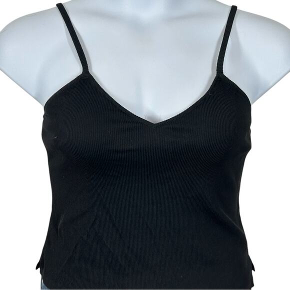 Aerie Black Ribbed V-Neck Tank Top Built-in Shelf Bra Cropped Summer Festival - Picture 4 of 13